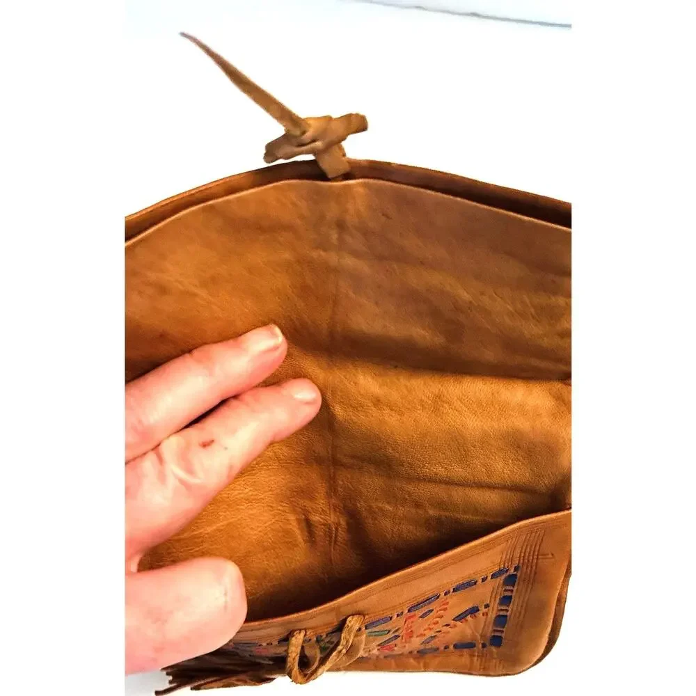 Handmade Morrocan Leather Mini Clutch Coin Purse Fold Over Tassel Toggle Closing